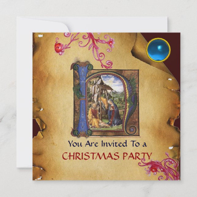 NATIVITY MONOGRAM CHRISTMAS PARCHMENT Blue Gem Ice Invitation (Front)