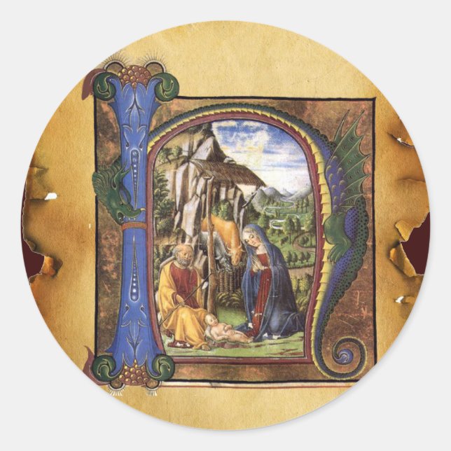 NATIVITY MONOGRAM CHRISTMAS PARCHMENT CLASSIC ROUND STICKER (Front)