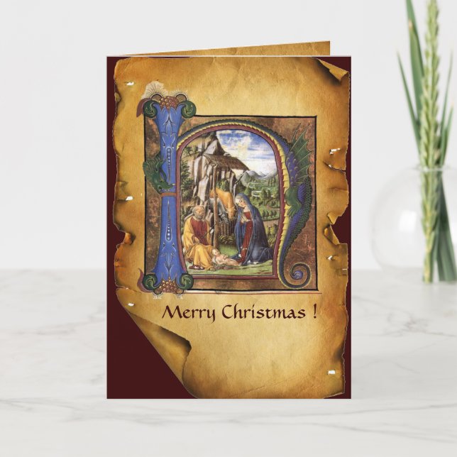 NATIVITY MONOGRAM CHRISTMAS PARCHMENT HOLIDAY CARD (Front)