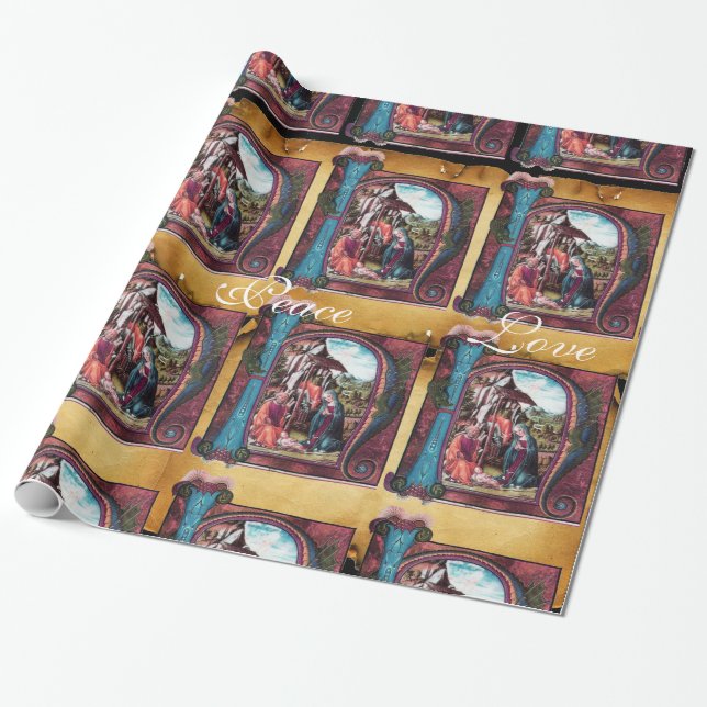 NATIVITY MONOGRAM CHRISTMAS PARCHMENT Pink Blue Wrapping Paper (Unrolled)