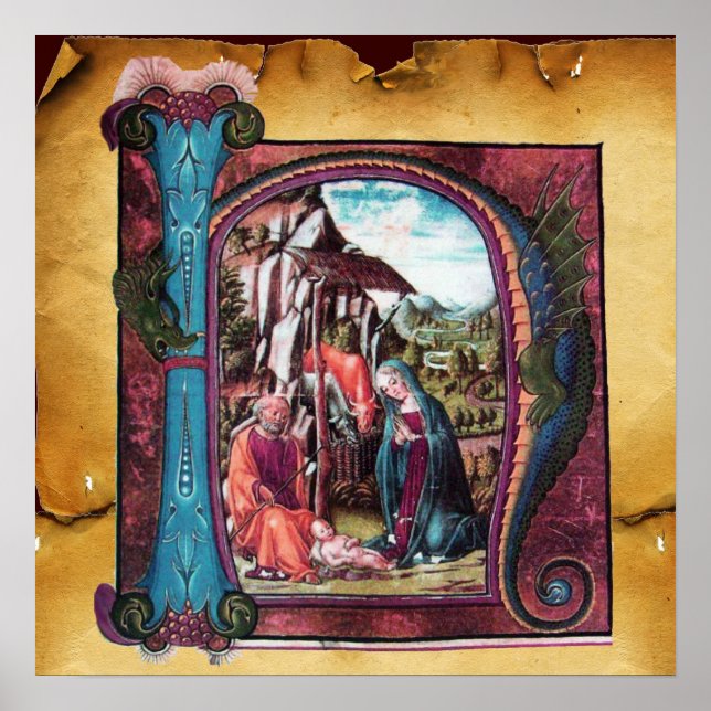 NATIVITY MONOGRAM CHRISTMAS PARCHMENT POSTER (Front)