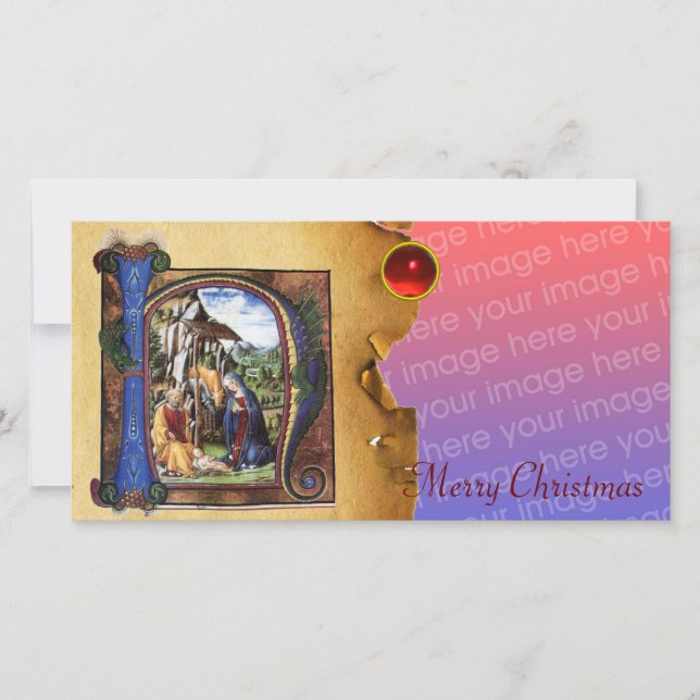 NATIVITY MONOGRAM CHRISTMAS PARCHMENT Red Gem Holiday Card (Front)