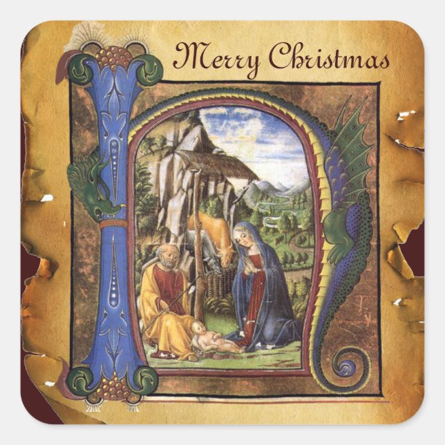 NATIVITY MONOGRAM CHRISTMAS PARCHMENT SQUARE STICKER (Front)