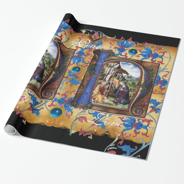 NATIVITY MONOGRAM FLORAL CHRISTMAS PARCHMENT WRAPPING PAPER (Unrolled)