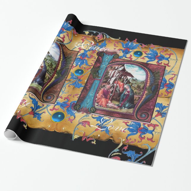 NATIVITY MONOGRAM FLORAL CHRISTMAS PARCHMENT WRAPPING PAPER (Unrolled)