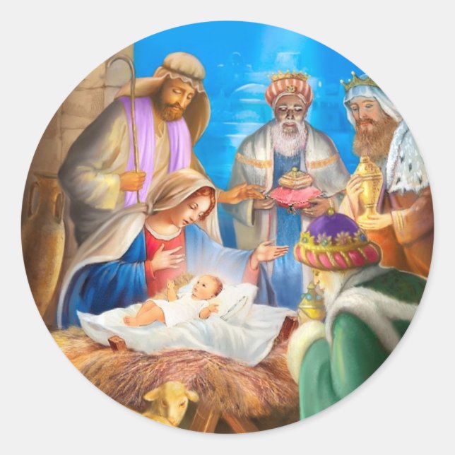Nativity of Jesus x-mas image for christmas cards Classic Round Sticker (Front)