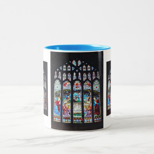 Nativity on a stained glass window Two-Tone coffee mug (Center)