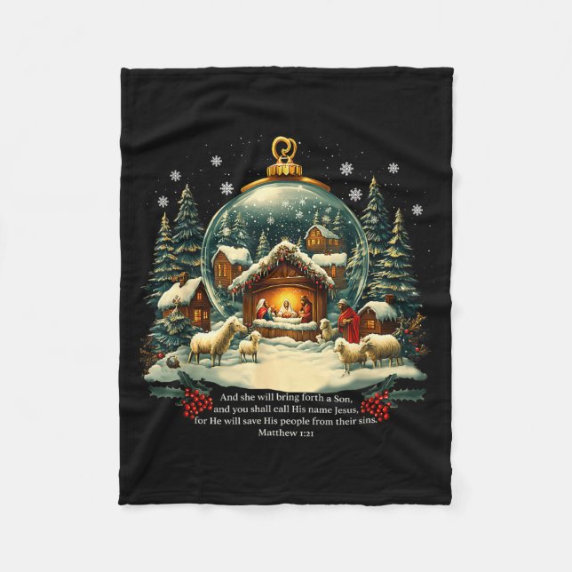 Nativity Ornament Christmas Scene Matthew 1_21  Fleece Blanket (Front)