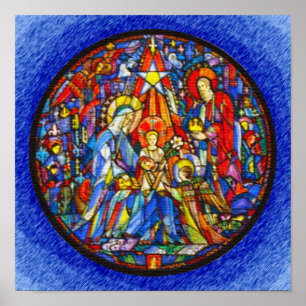 Nativity Painted Stained Glass Style Poster