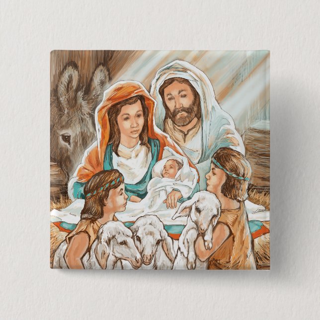 Nativity Painting with Little Shepherd Boys 15 Cm Square Badge (Front)