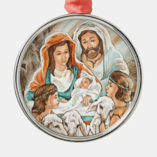 Nativity Painting with Little Shepherd Boys Metal Tree Decoration