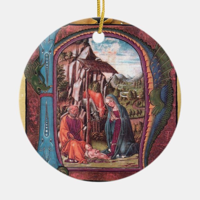NATIVITY PARCHMENT Blue Gemstone Monogram Ceramic Tree Decoration (Front)
