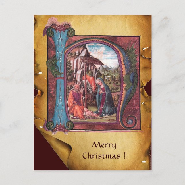 NATIVITY PARCHMENT Blue Sapphire Monogram Holiday Postcard (Front)