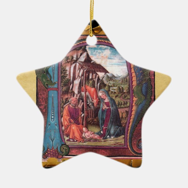 NATIVITY PARCHMENT STAR Blue Gemstone Monogram Ceramic Tree Decoration (Front)