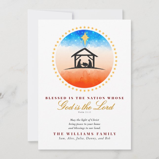 Nativity Patriotic American Christmas Psalm 33:12 Holiday Card (Front)