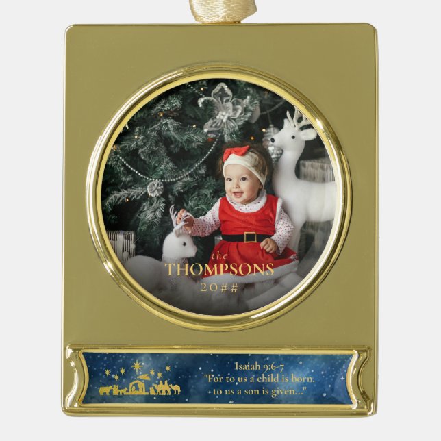Nativity Photo Holiday Baby Announcement Isaiah Gold Plated Banner Ornament (Front)