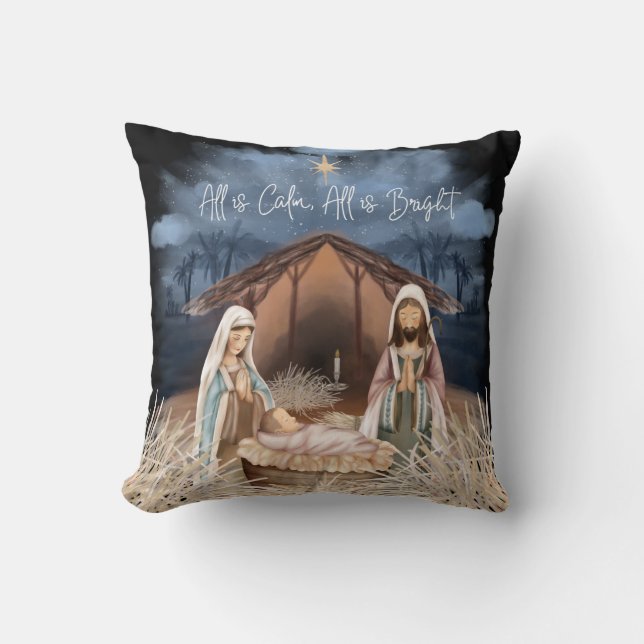 Nativity Scene All Is Calm, All is Bright Lyrics Cushion (Front)