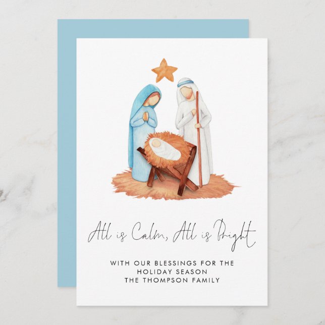Nativity Scene All Is Calm Christmas  Holiday Card (Front/Back)
