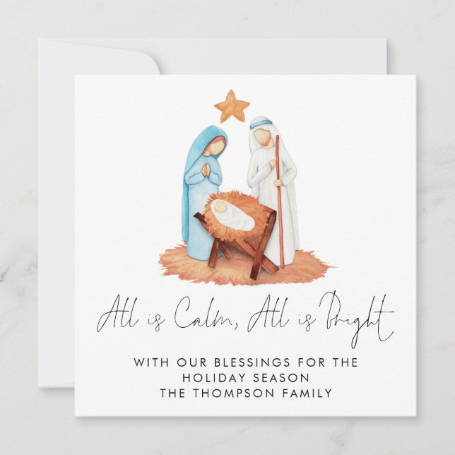 Nativity Scene All Is Calm Holiday Card (Front)