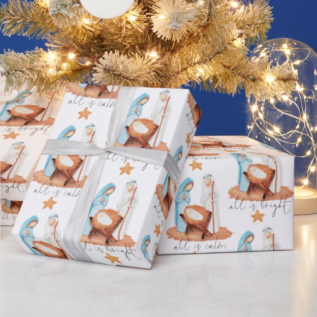 Nativity Scene All Is Calm Script Christmas Wrapping Paper (Holidays)