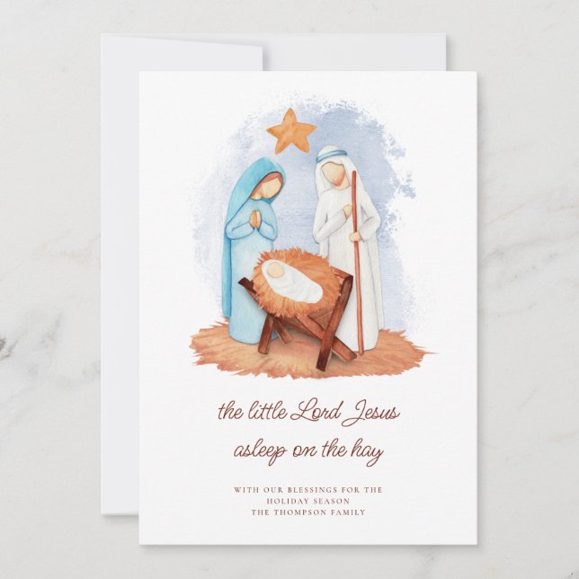 Nativity Scene Asleep on The Hay Christmas  Holiday Card (Front)