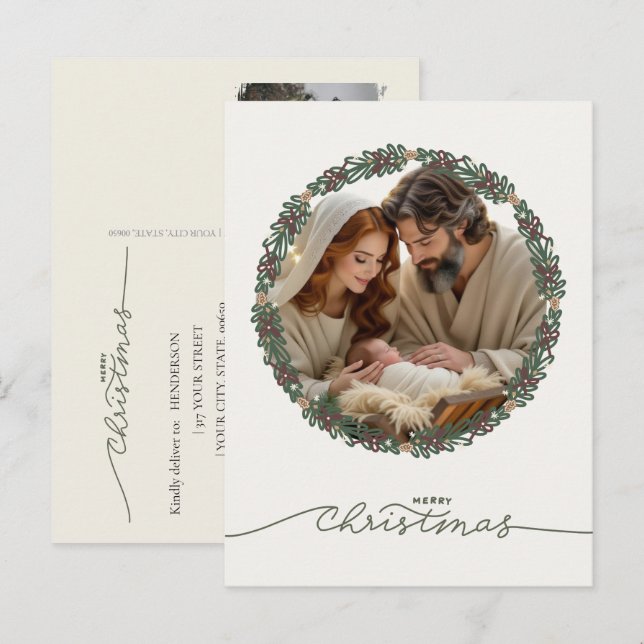 Nativity Scene Baby Jesus in the Manger Your Photo Holiday Postcard (Front/Back)