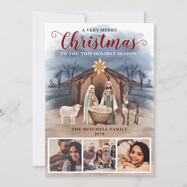 Nativity Scene Baby Jesus Photo Merry Christmas Holiday Card (Front)