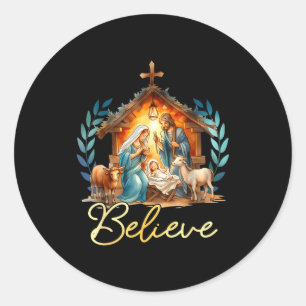 Nativity Scene Believe Christian Xmas Family Merry Classic Round Sticker