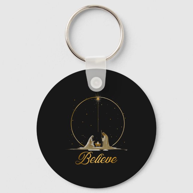 Nativity Scene Believe Christian Xmas Family Merry Key Ring (Front)