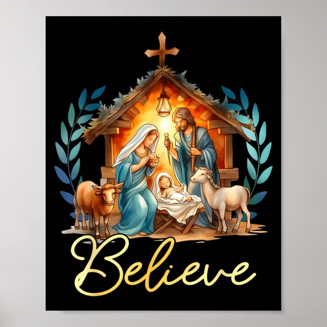 Nativity Scene Believe Christian Xmas Family Merry Poster (Front)