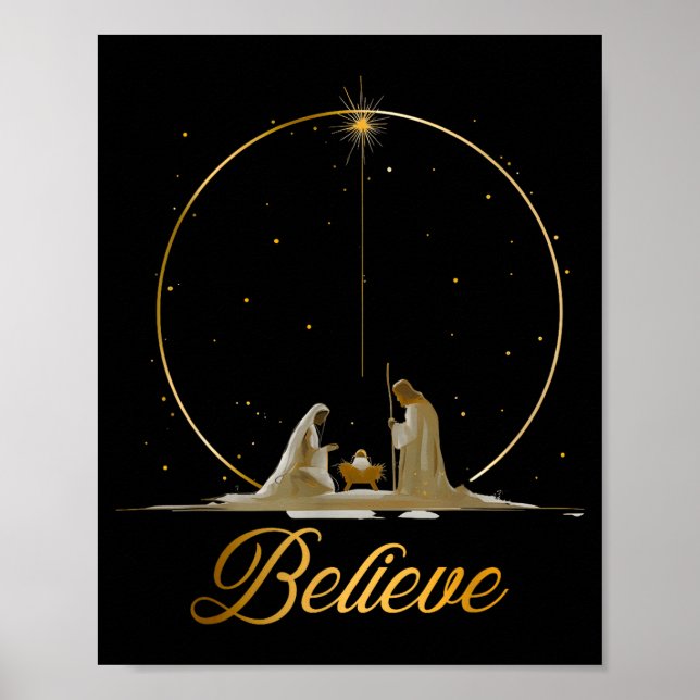 Nativity Scene Believe Christian Xmas Family Merry Poster (Front)
