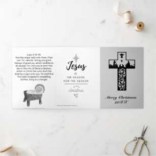 Nativity Scene Black Cross Church Christmas Tri-Fold Holiday Card