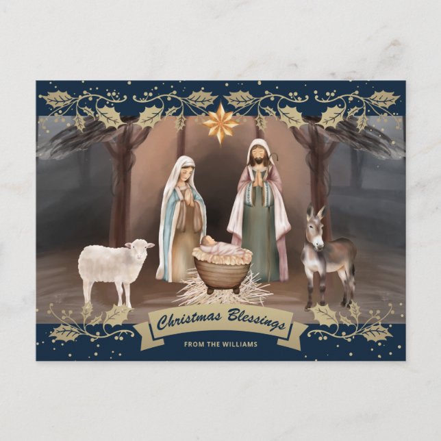 Nativity Scene Blue Christian Christmas Holiday Postcard (Front)