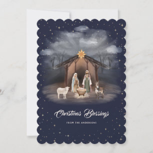 Nativity Scene Blue Christmas Blessings Christian Holiday Card