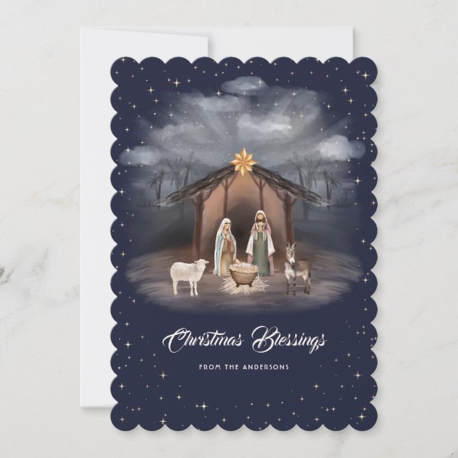 Nativity Scene Blue Christmas Blessings Christian Holiday Card (Front)