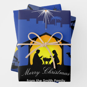 Nativity Scene Blue Star Christmas Wrapping Paper Sheet