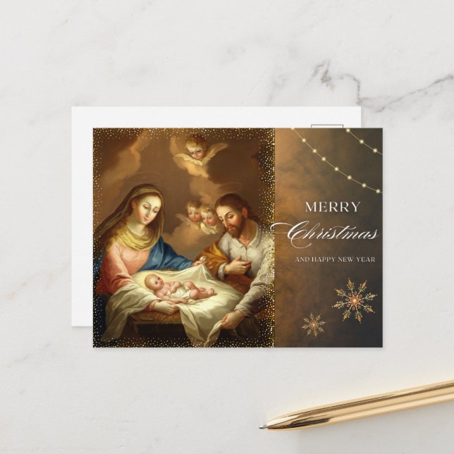 Nativity Scene Christmas Greetings Holiday Postcard (Front/Back In Situ)