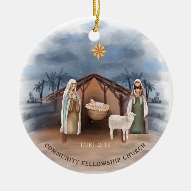 Nativity Scene Church Name Christian Christmas Ceramic Tree Decoration (Front)