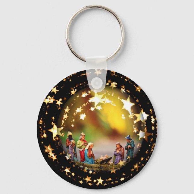 Nativity Scene Crib Virgin Mary Infant Jesus Stars Key Ring (Front)