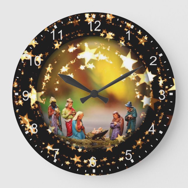Nativity Scene Crib Virgin Mary Infant Jesus Stars Large Clock (Front)