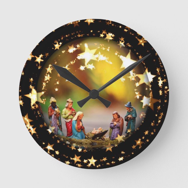 Nativity Scene Crib Virgin Mary Infant Jesus Stars Round Clock (Front)