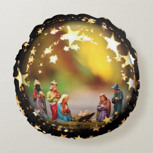 Nativity Scene Crib Virgin Mary Jesus Joseph Kings Round Cushion