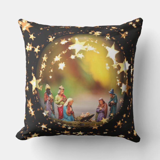 Nativity Scene Crib Virgin Mary Jesus Joseph Stars Outdoor Cushion (Front)