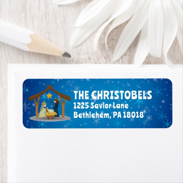 Nativity Scene Family Name Blue Return Address (Insitu)