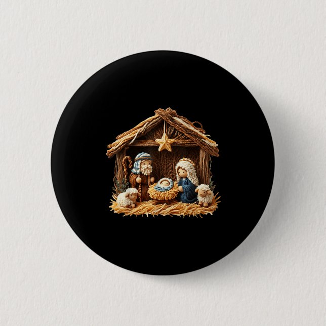 Nativity Scene Faux Yarn Crochet Jesus Christmas R 6 Cm Round Badge (Front)