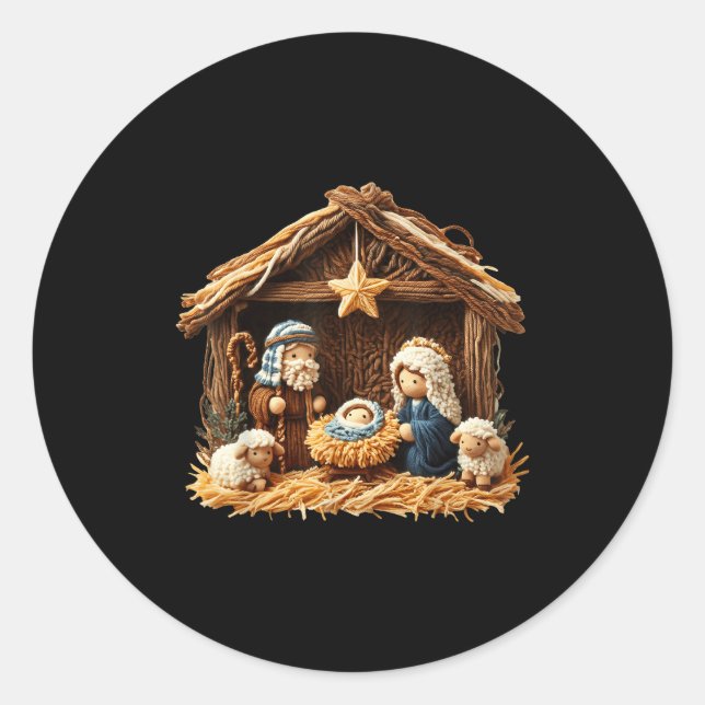 Nativity Scene Faux Yarn Crochet Jesus Christmas R Classic Round Sticker (Front)