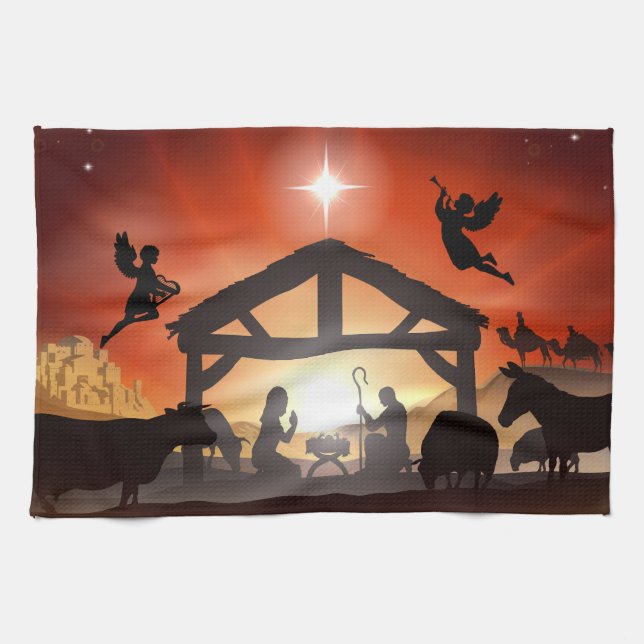 Nativity Scene Holiday Religious Christmas Tea Towel (Horizontal)