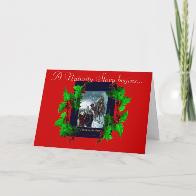 Nativity Scene & Holly Branches Christmas Card (Front)