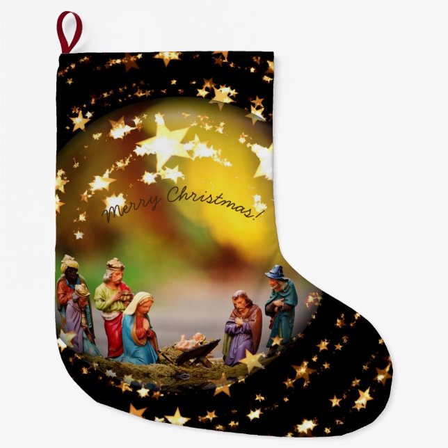 Nativity Scene Jesus in Crib Starry Christmas Large Christmas Stocking (Front)
