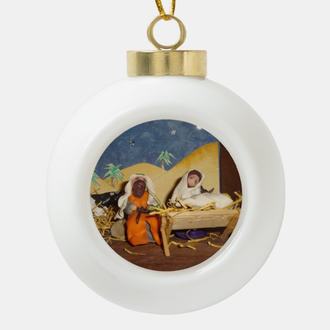 nativity scene Jesus Mary Joseph stable christmas Ceramic Ball Christmas Ornament (Front)